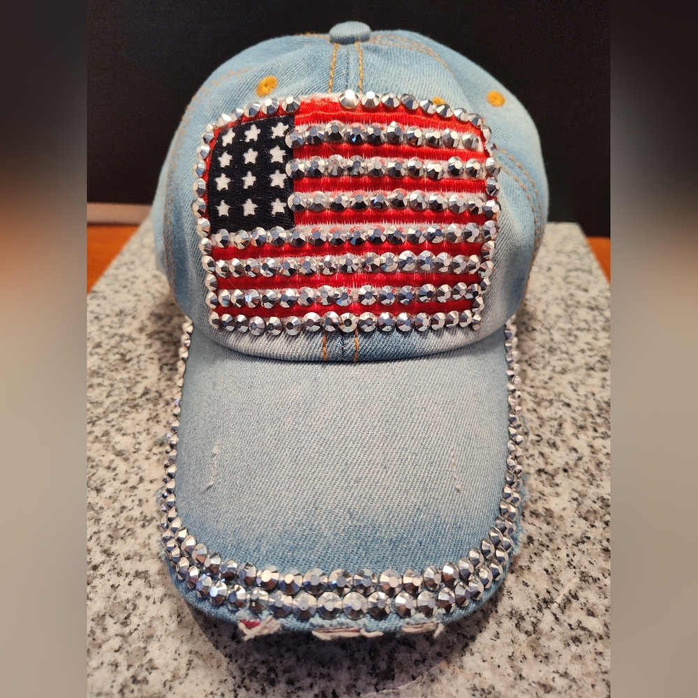 Light Blue Denim Baseball Cap with American Flag and Crystal Trim